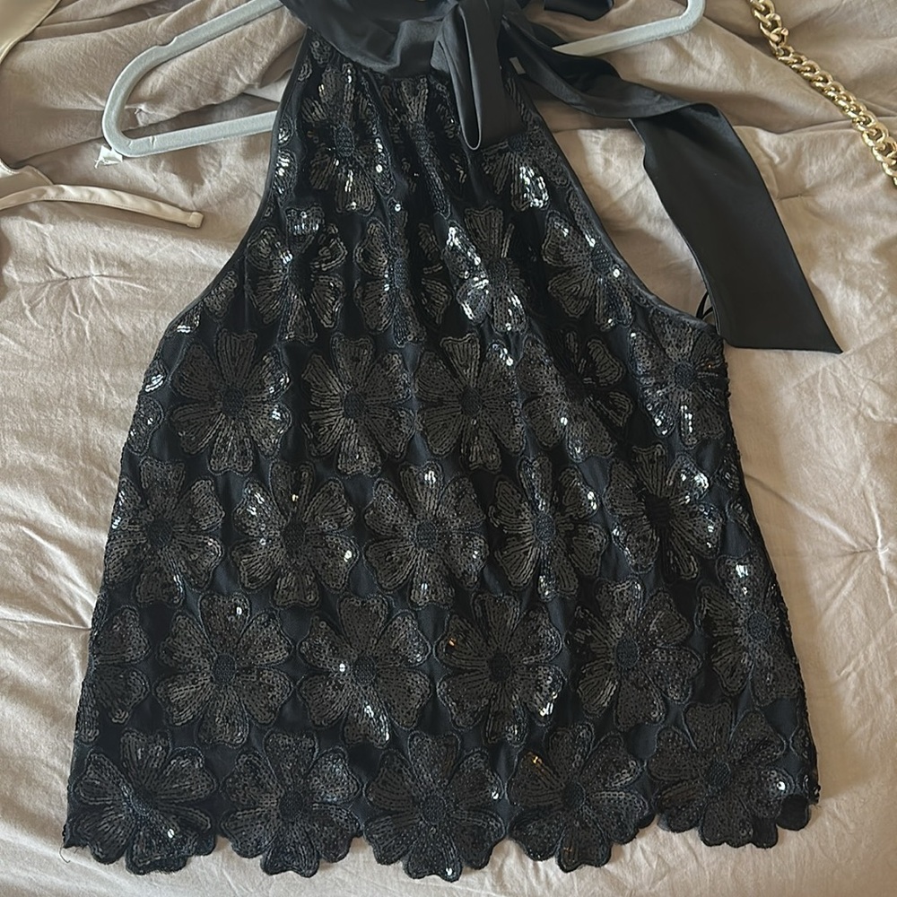 Satin Halter Neck Floral Sequin Tank